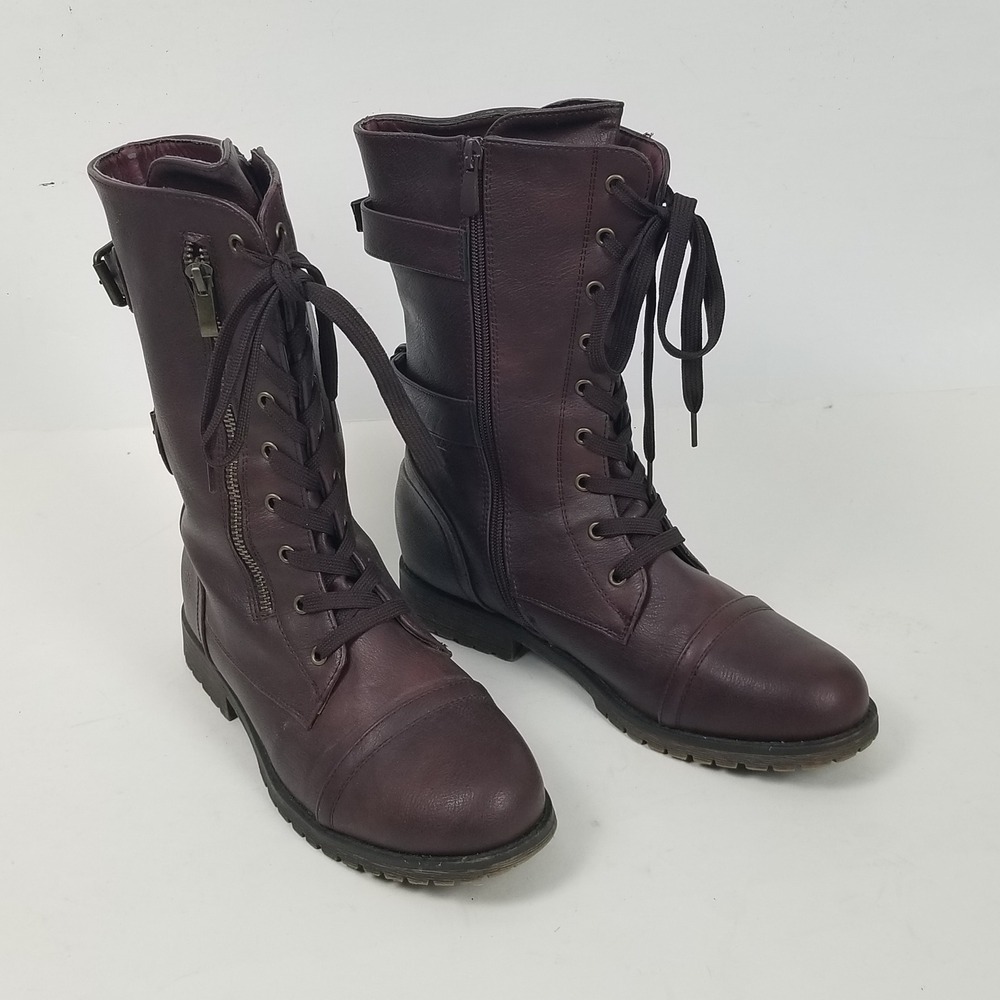 Dream Pairs Boots Women 9 Burgundy Terran-6 Combat Mid Calf Lace Up Buckle Strap